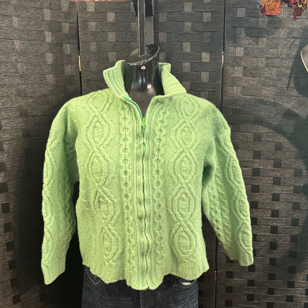 Arancraft Wool Cable Knit Sweater Zip Sz S Mint Green